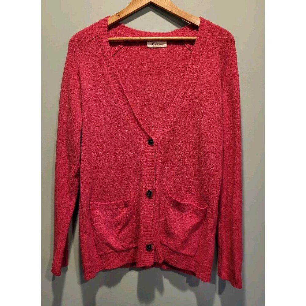 Pink Wool Mohair Blend V Neck Cardigan Sweater Elan Sz M Pockets